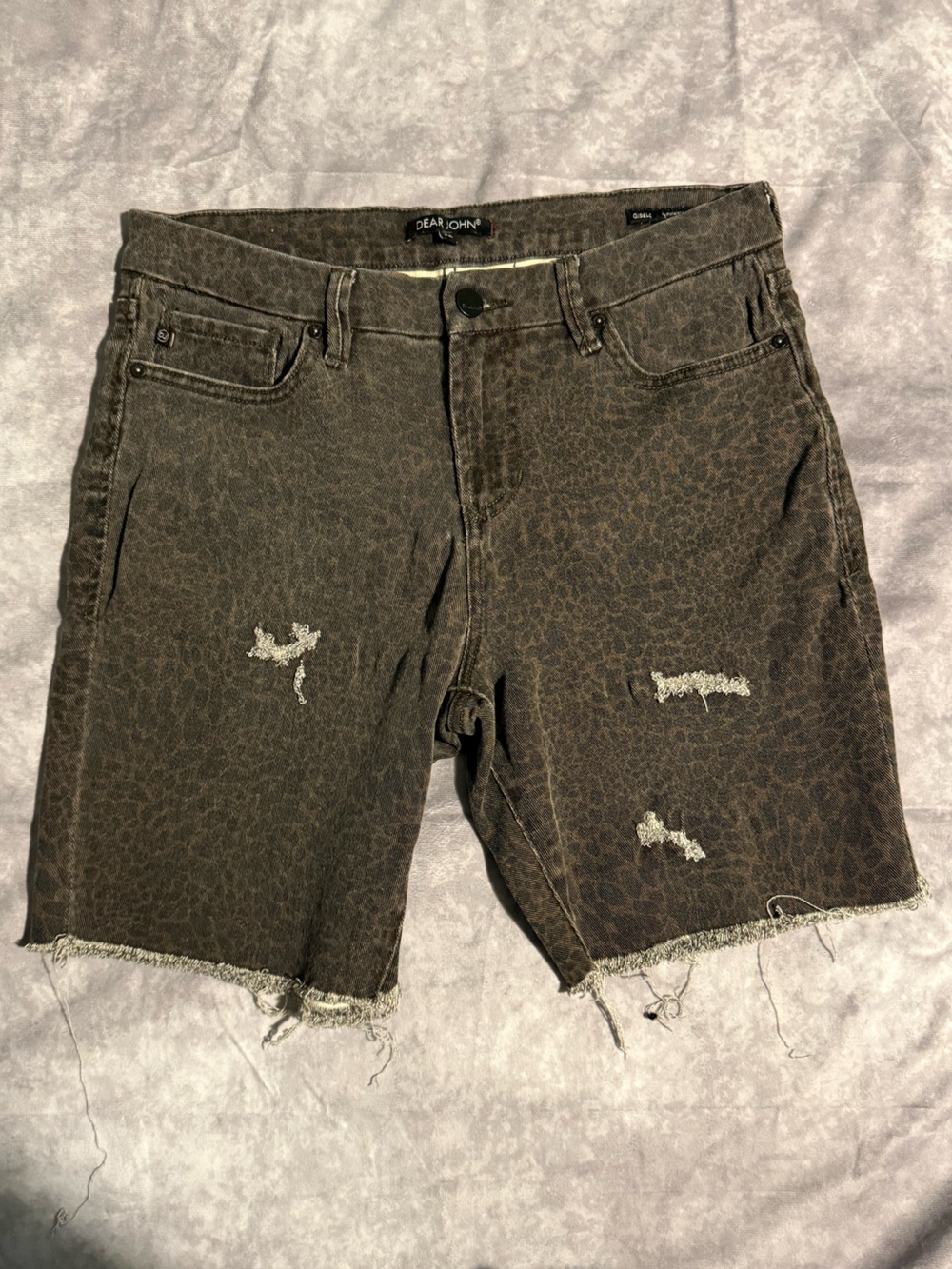 Dear John Distressed Leopard Print Jean Shorts in Olive Brown